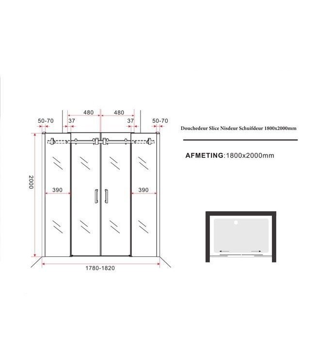 Douchedeur Slice Nisdeur Schuifdeur 180x200cm Antikalk Helder Glas Chroom Profiel 8mm Veiligheidsglas Easy Clean