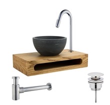 Parro Mini Toilet Fonteinset met Handdoekhouder Chroom Kraan, Sifon en Push-UP Waskom Natuursteen