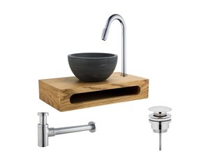 Parro Mini Toilet Fonteinset met Handdoekhouder Chroom Kraan, Sifon en Push-UP Waskom Natuursteen