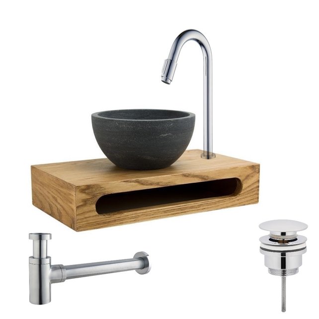 Parro Mini Toilet Fonteinset met Handdoekhouder Chroom Kraan, Sifon en Push-UP Waskom Natuursteen