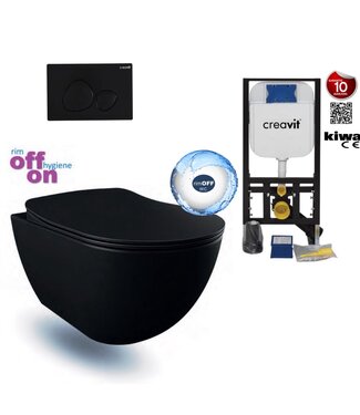 CREAVIT Hangtoiletset Mat Zwart Randloos Creavit Freedom Toiletset met GP5003 + Drukplaat + WC bril Softclose Zwart Mat