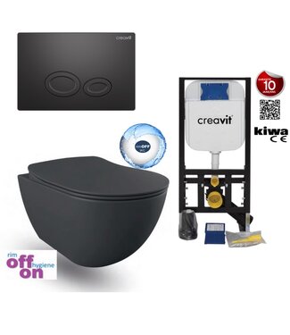 CREAVIT Hangtoiletset Mat Antraciet Randloos Creavit Freedom Toiletset met GP5003 + Drukplaat + WC bril Softclose Antraciet Mat
