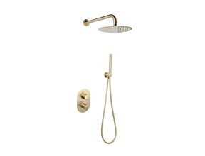 Inbouw Regendouche set Effeze Geborsteld goud Rond 25 cm Hoofddouche muur Thermostaatkraan incl. handdouche