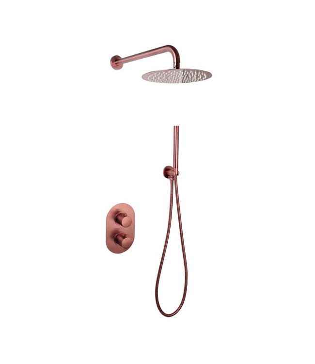 Inbouw Regendouche set Effeze Geborsteld goud Rond 25 cm Hoofddouche muur Thermostaatkraan incl. handdouche