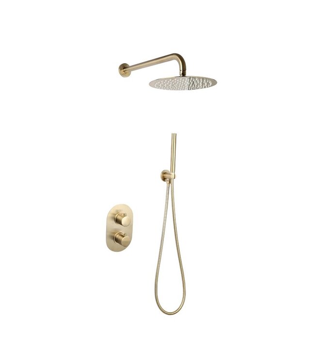 Inbouw Regendouche set Effeze Geborsteld koper Rond 25 cm Hoofddouche muur Thermostaatkraan incl. handdouche