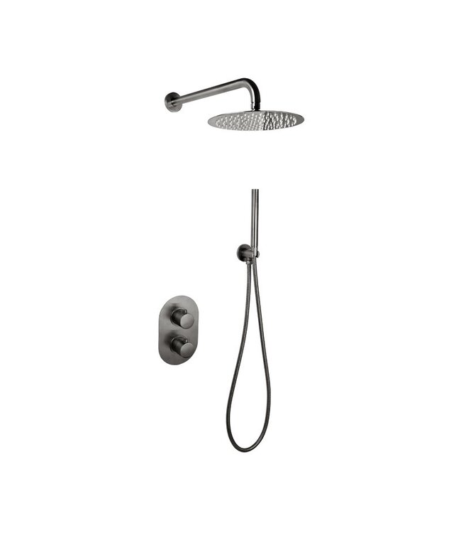 Inbouw Regendouche set Effeze Mat Zwart Rond 25 cm Hoofddouche muur Thermostaatkraan incl. handdouche