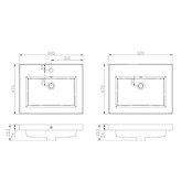 Wastafel mineraalmarmer 60cm overloop met kraangat 0 of 1 Wit glanzend SaniPro Trendline 60x47x5 cm zonder kraangat
