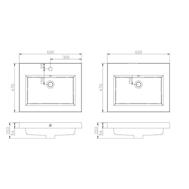 Wastafel mineraalmarmer 60cm overloop met kraangat 0 of 1 Wit glanzend SaniPro Trendline 60x47x5 cm zonder kraangat