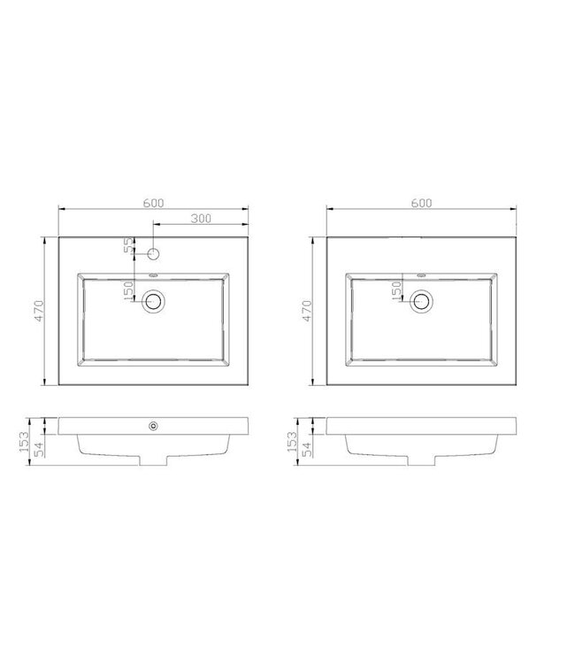 Wastafel mineraalmarmer 60cm overloop met kraangat 0 of 1 Wit glanzend SaniPro Trendline 60x47x5 cm zonder kraangat
