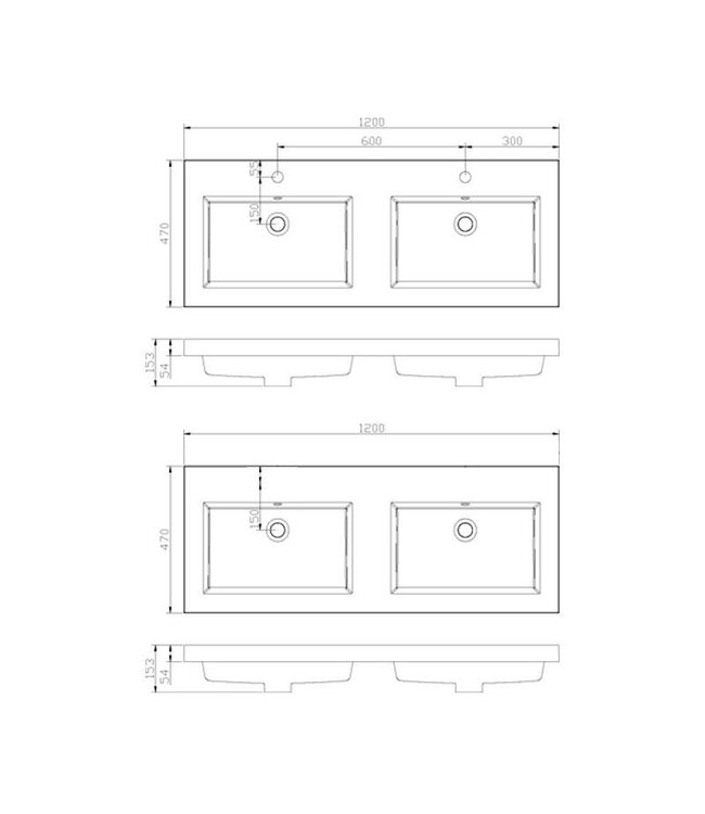 SANI-SUPPLY Wastafel mineraalmarmer 120cm Dubbele wasbak overloop met kraangat 2 of 0 Wit glanzend SaniPro Trendline 120x47x5 cm zonder kraangat