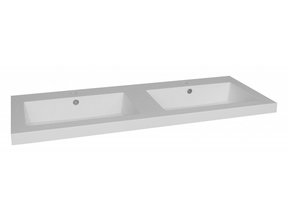 Wastafel mineraalmarmer 140cm Dubbele wasbak overloop met kraangat 2 Wit glanzend SaniPro Trendline 140x47x5 cm