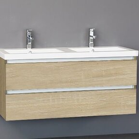 Badkamermeubel Trend Zara 120x47x52cm Licht Eiken SaniPro 2 Lades Greeploos met greeplist aliminium Softclose Wastafel 2 Kraangaten Keramiek