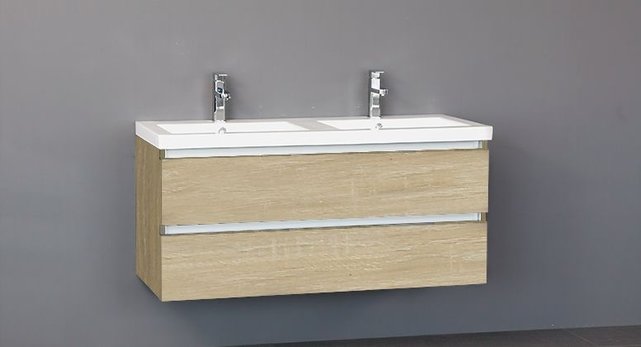 Badkamermeubel Trend Zara 120x47x52cm Licht Eiken SaniPro 2 Lades Greeploos met greeplist aliminium Softclose Wastafel 2 Kraangaten Keramiek