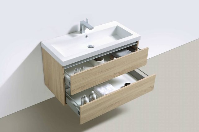 Badkamermeubel Trend Zara 120x47x52cm Licht Eiken SaniPro 2 Lades Greeploos met greeplist aliminium Softclose Wastafel 2 Kraangaten Keramiek