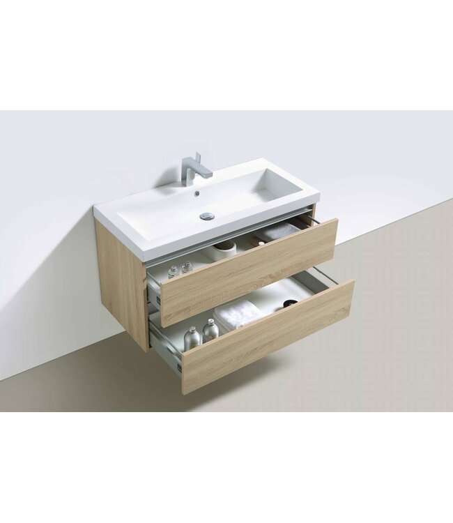 Badkamermeubel Trend Zara 120x47x52cm Licht Eiken SaniPro 2 Lades Greeploos met greeplist aliminium Softclose Wastafel 2 Kraangaten Keramiek