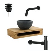SaniPro PARRO Mini Toilet Fonteinset inbouw fonteinkraan Zwart Planchet met Handdoekhouder Natuursteen waskom met draaiknop Pushup Sifon 40x22x8cm