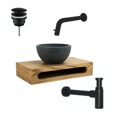 SaniPro PARRO Mini Toilet Fonteinset inbouw fonteinkraan Zwart Planchet met Handdoekhouder Natuursteen waskom met draaiknop Pushup Sifon 40x22x8cm
