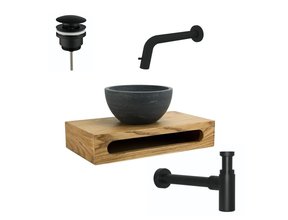 SaniPro PARRO Mini Toilet Fonteinset inbouw fonteinkraan Zwart Planchet met Handdoekhouder Natuursteen waskom met draaiknop Pushup Sifon 40x22x8cm