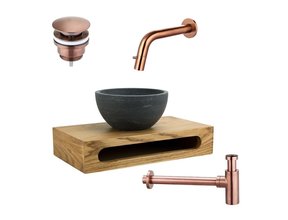 SaniPro PARRO Mini Toilet Fonteinset inbouw fonteinkraan Koper Planchet met Handdoekhouder Natuursteen waskom met draaiknop Pushup Sifon 40x22x8cm
