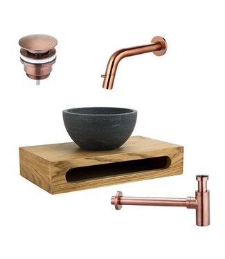 SANI-SUPPLY SaniPro PARRO Mini Toilet Fonteinset inbouw fonteinkraan Koper Planchet met Handdoekhouder Natuursteen waskom met draaiknop Pushup Sifon 40x22x8cm
