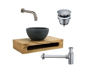 SaniPro PARRO Mini Toilet Fonteinset inbouw fonteinkraan Gunmetal Planchet Handdoekhouder Natuursteen waskom met draaiknop Pushup Sifon 40x22x8cm