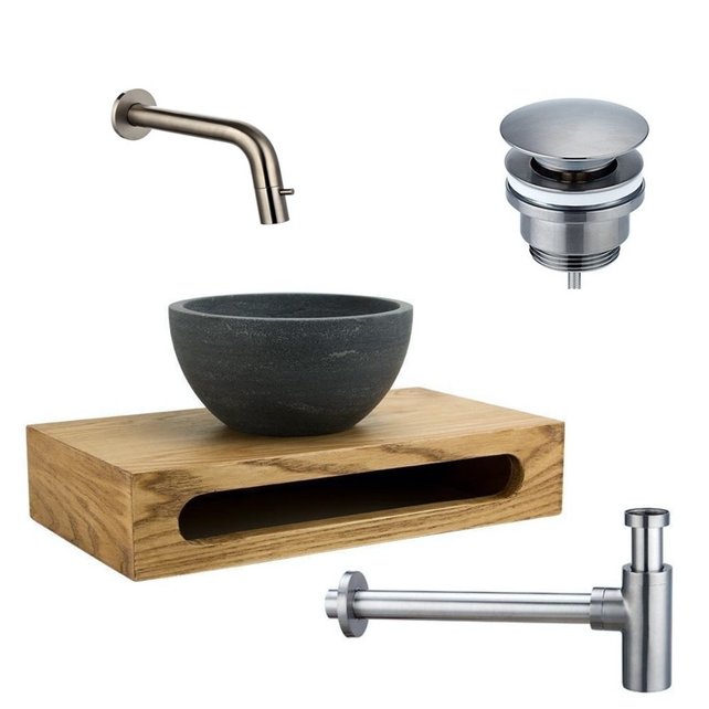 SaniPro PARRO Mini Toilet Fonteinset inbouw fonteinkraan Gunmetal Planchet Handdoekhouder Natuursteen waskom met draaiknop Pushup Sifon 40x22x8cm