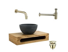 PARRO Mini Toilet Fonteinset inbouw fonteinkraan Geborsteld Goud Planchet met Handdoekhouder Natuursteen waskom met draaiknop Pushup Sifon 40x22x8cm