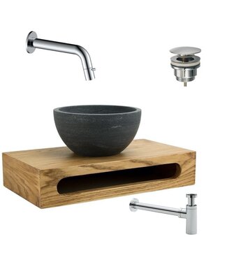 SANI-SUPPLY PARRO Mini Toilet Fonteinset inbouw fonteinkraan Chroom Planchet met Handdoekhouder Natuursteen waskom met draaiknop Pushup Sifon 40x22x8cm