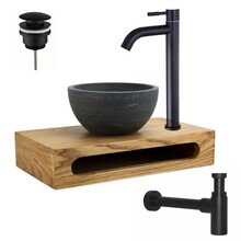PARRO Mini Toilet Fonteinset Zwart met Handdoekhouder natuursteen waskom Zwarte koud water Kraan Pushup en Sifon 40x22x8cm