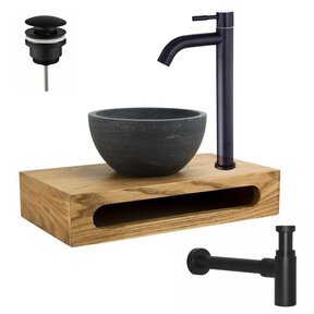 PARRO Mini Toilet Fonteinset Zwart met Handdoekhouder natuursteen waskom Zwarte koud water Kraan Pushup en Sifon 40x22x8cm