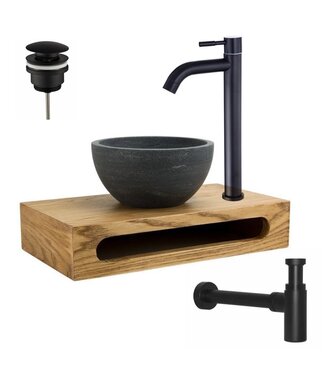 SANI-SUPPLY PARRO Mini Toilet Fonteinset Zwart met Handdoekhouder natuursteen waskom Zwarte koud water Kraan Pushup en Sifon 40x22x8cm