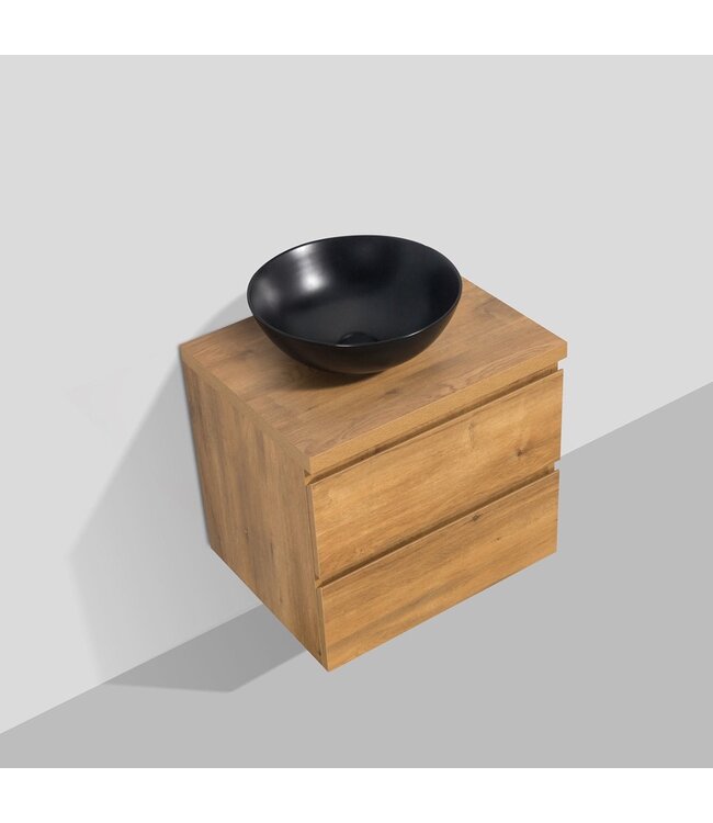 Badkamermeubel 60x50x48cm Mat Eiken Topblad Callisto Diamond Hangend 2 Lades Softclose Greeploos Zonder Kraangat