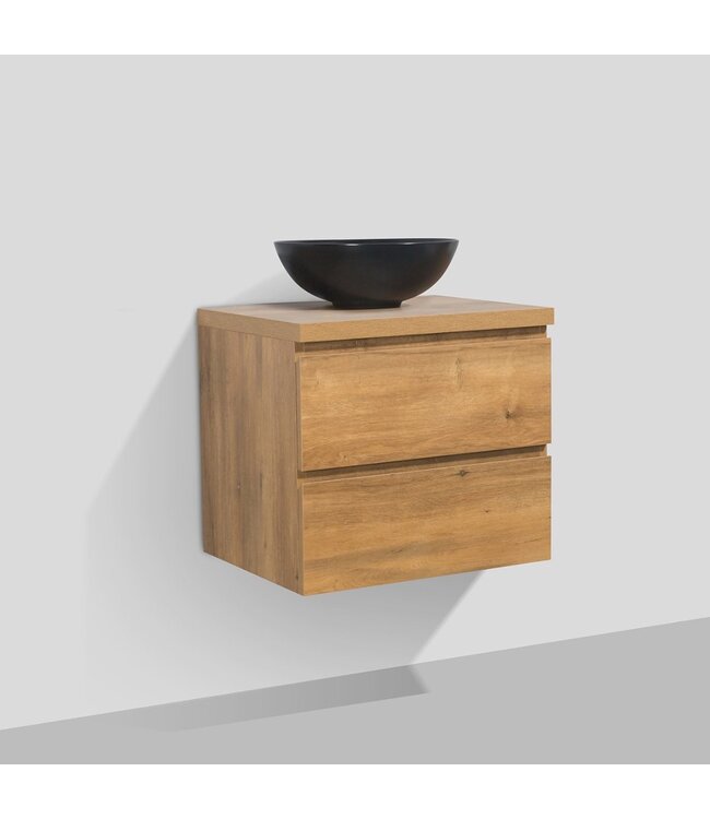 Badkamermeubel 60x50x48cm Mat Eiken Topblad Callisto Diamond Hangend 2 Lades Softclose Greeploos Zonder Kraangat