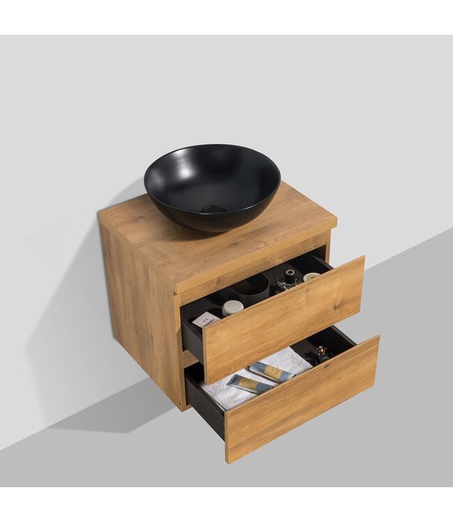 Badkamermeubel 60x50x48cm Mat Eiken Topblad Callisto Diamond Hangend 2 Lades Softclose Greeploos Zonder Kraangat