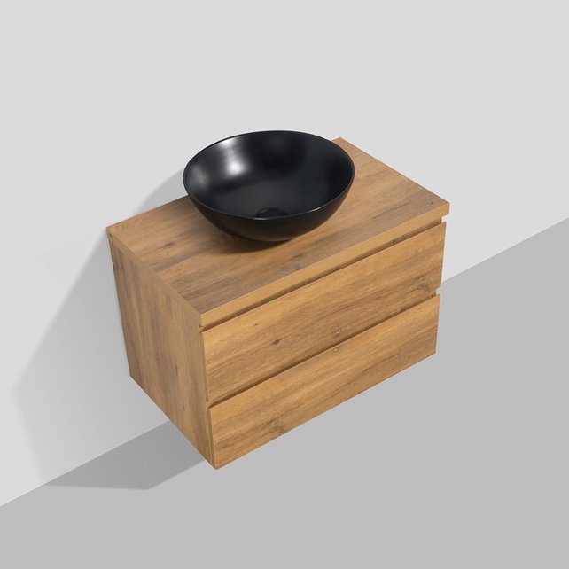 Badkamermeubel 80x50x48cm Mat Eiken Topblad Callisto Diamond Hangend 2 Lades Softclose Greeploos Zonder Kraangat