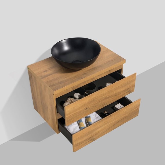 Badkamermeubel 80x50x48cm Mat Eiken Topblad Callisto Diamond Hangend 2 Lades Softclose Greeploos Zonder Kraangat