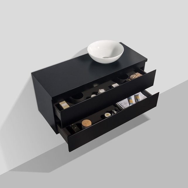 Badkamermeubel 120x50x48cm Mat Zwart Topblad Callisto Diamond Hangend 2 Lades Softclose Greeploos Zonder Kraangat