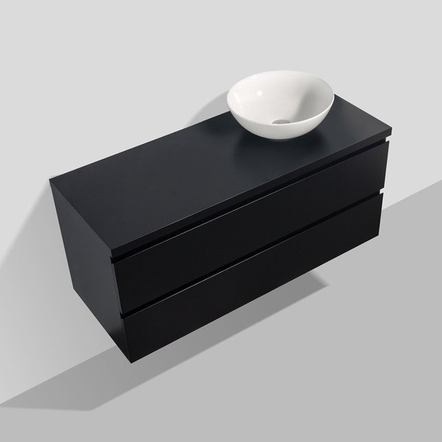 Badkamermeubel 120x50x48cm Mat Zwart Topblad Callisto Diamond Hangend 2 Lades Softclose Greeploos Zonder Kraangat