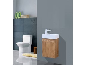 Fonteinkast Compleet Set Eiken met Fonteintje Mineraalmarmer Kraangat Rechts 40x22x52cm SaniPro Wood Eiken / Multiplex gefineerd waterdicht