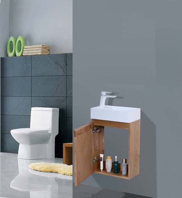 Fonteinkast Compleet Set Eiken met Fonteintje Mineraalmarmer Kraangat Rechts 40x22x52cm SaniPro Wood Eiken / Multiplex gefineerd waterdicht