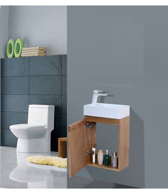 SANI-SUPPLY Fonteinkast Compleet Set Eiken met Fonteintje Mineraalmarmer Kraangat Rechts 40x22x52cm SaniPro Wood Eiken / Multiplex gefineerd waterdicht