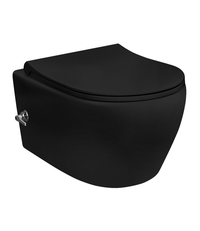 Freedom Randloos Hangtoilet Zwart Warm en Koud Water bidetkraan geintegreerd incl. softclose toiletbril