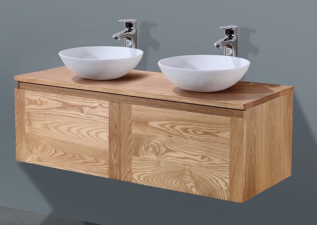 SaniPro Vision Wood 160cm Badkamermeubel Eiken 80x47x38 cm (2x) Softclose lades topblad zonder kraangaten incl Spiegel