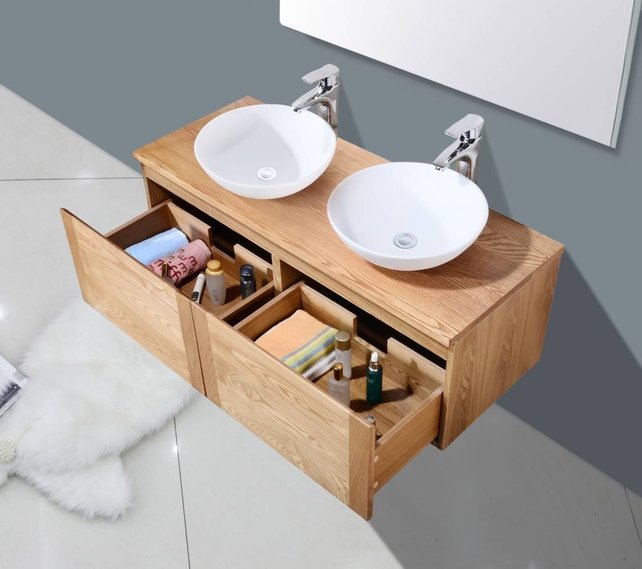 SaniPro Vision Wood 160cm Badkamermeubel Eiken 80x47x38 cm (2x) Softclose lades topblad zonder kraangaten incl Spiegel