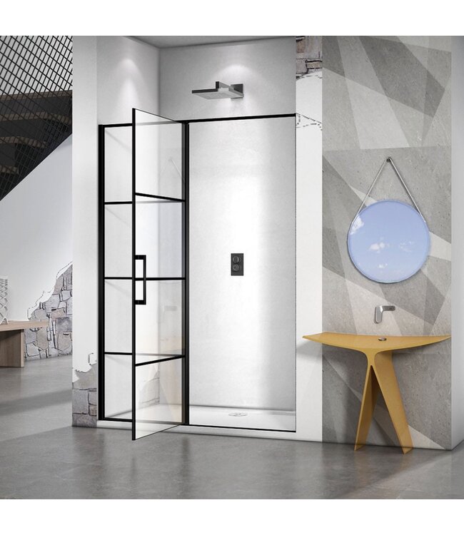 Douchedeur Collins Nisdeur Draaideur 120x200cm Mat Zwart Antikalk Helderglas 8mm Veiligheidsglas Easy Clean