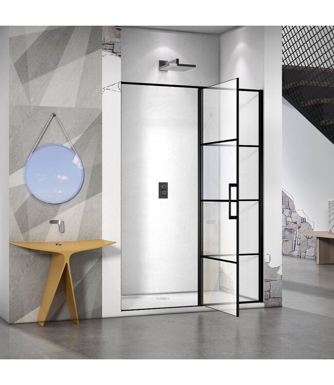 Douchedeur Collins Nisdeur Draaideur 90x200cm Mat Zwart Antikalk Helderglas 8mm Veiligheidsglas Easy Clean