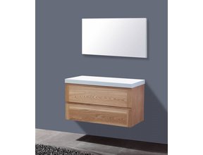 Badkamermeubelset Wood 100cm met top paneel Mineraalmarmer zonder kraangaten incl. spiegel 100x47x38 cm