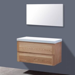 Badkamermeubelset Wood 100cm met top paneel Mineraalmarmer zonder kraangaten incl. spiegel 100x47x38 cm