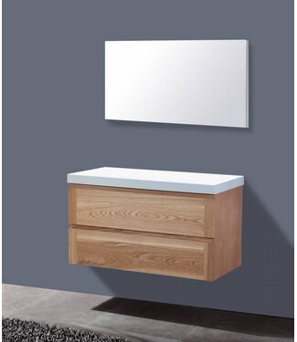 SANI-SUPPLY Badkamermeubelset Wood 100cm met top paneel Mineraalmarmer zonder kraangaten incl. spiegel 100x47x38 cm