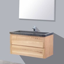 Badkamermeubelset Wood Stone 80x47x50cm natuurstenen Wastafelblad met of zonder kraangat incl. Spiegel